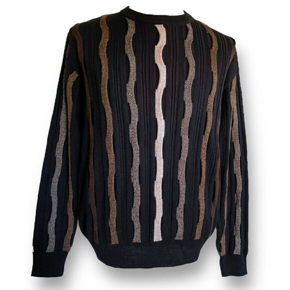 Vintage 90s Montechiaro Mens Sweater Sz Large Black Tan Brown Wool 3D Knit Italy - Picture 4 of 9